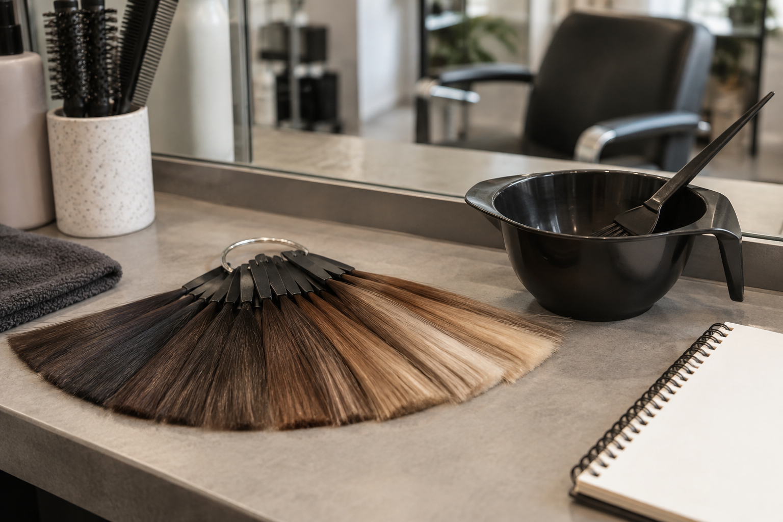 Nuancier et outils sur un poste de coloration